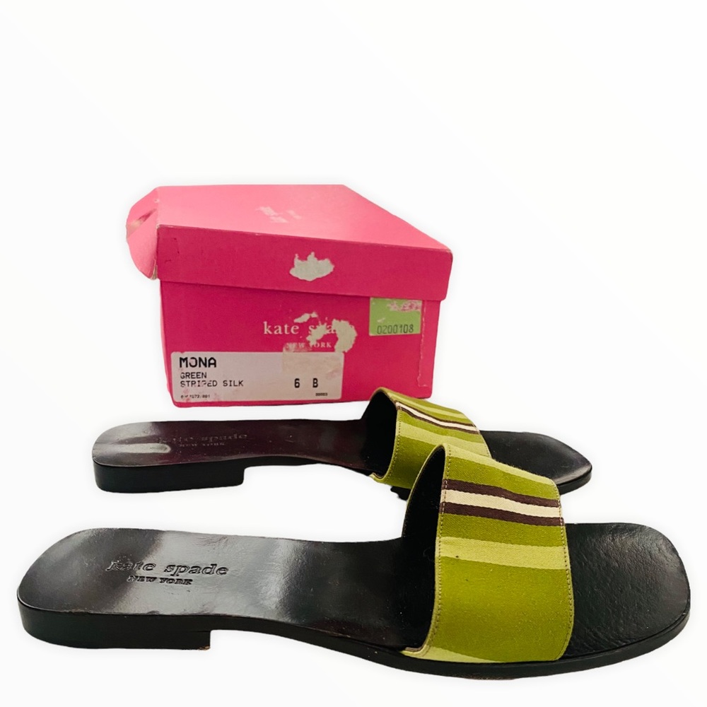 Kate Spade Mona Green Striped Silk Slip On Sandals‎ Size 6